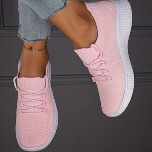 WOMEN'S FLYING WOVEN NO SLIP RUNNING LACE UP BREATHABLE CASUAL SNEAKERS PINK NWT